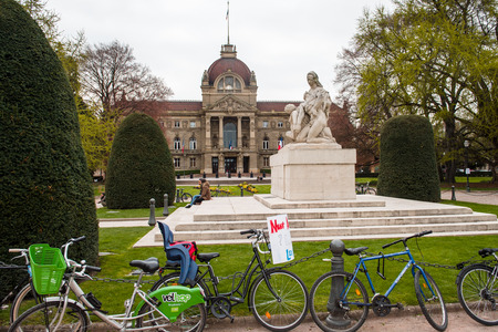 STRASBOURG, FRANCE - APR 9, 2016:Bike with advertising about the 'Nuit Debout' or 'Standing night' movement at the Place de la Republique in Strasbourgのeditorial素材
