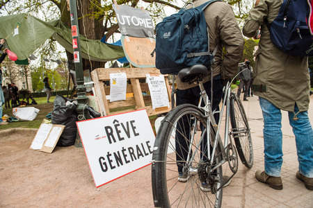 STRASBOURG, FRANCE - APR 9, 2016: Reve Generale - General Dream poster at 'Nuit Debout' or 'Standing night' movement at the Place de la Republique in Strasbourgのeditorial素材