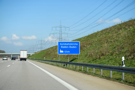 Autobahnkirche Baden-Baden or highway Church sign seen on the German Autobahn near the city of Baden...