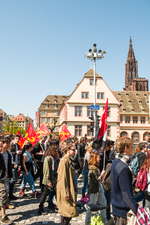 STRASBOURG, FRANCE - APR 20, 2016: People protesting in center of Strasbourg as part of nationwide day of protest against proposed labor reforms by Socialist Governmentのeditorial素材
