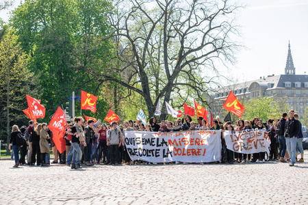 STRASBOURG, FRANCE - APR 20, 2016: Closed central street as hundreds of people demonstrate as part of nationwide day of protest against proposed labor reforms by Socialist Governmentのeditorial素材