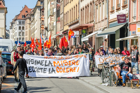 STRASBOURG, FRANCE - APR 20, 2016: Central street of Rue du Vieux Marche aux Poissons closed as hundreds demonstrate as part of nationwide day of protest against proposed labor reforms by Socialist Governmentのeditorial素材