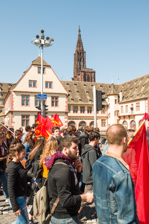 STRASBOURG, FRANCE - APR 20, 2016: People protesting in center of Strasbourg as part of nationwide day of protest against proposed labor reforms by Socialist Governmentのeditorial素材
