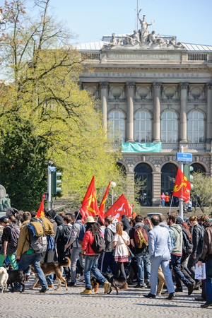 STRASBOURG, FRANCE - APR 20, 2016: Hundreds of students demonstrate in front of University of Strasbourg as part of nationwide day of protest against proposed labor reforms by Socialist Governmentのeditorial素材