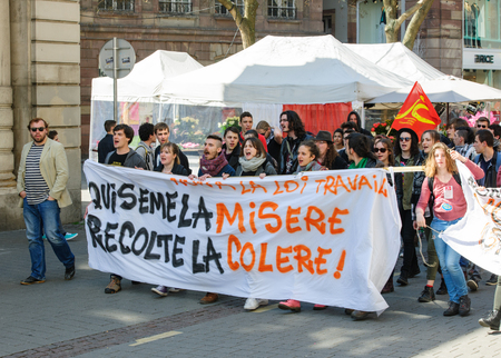 STRASBOURG, FRANCE - APR 20, 2016: Closed central shopping street as hundreds of people demonstrate as part of nationwide day of protest against proposed labor reforms by Socialist Governmentのeditorial素材