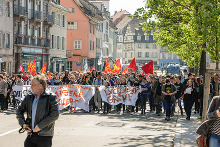 STRASBOURG, FRANCE - APR 20, 2016: Closed main Strasbourg street as hundreds of people demonstrate as part of nationwide day of protest against proposed labor reforms by Socialist Governmentのeditorial素材