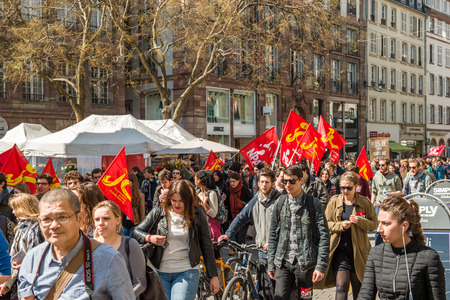 STRASBOURG, FRANCE - APR 20, 2016: Closed central shopping street as hundreds of people demonstrate as part of nationwide day of protest against proposed labor reforms by Socialist Governmentのeditorial素材