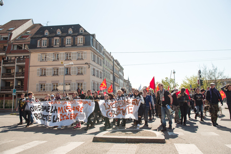 STRASBOURG, FRANCE - APR 20, 2016: Closed main Strasbourg street as hundreds of people demonstrate as part of nationwide day of protest against proposed labor reforms by Socialist Governmentのeditorial素材