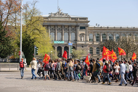 STRASBOURG, FRANCE - APR 20, 2016: Hundreds of students demonstrate in front of University of Strasbourg as part of nationwide day of protest against proposed labor reforms by Socialist Governmentのeditorial素材