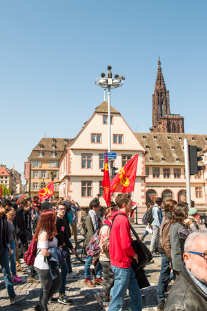 STRASBOURG, FRANCE - APR 20, 2016: People protesting in center of Strasbourg as part of nationwide day of protest against proposed labor reforms by Socialist Governmentのeditorial素材