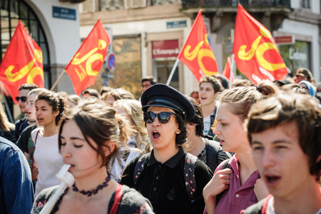 STRASBOURG, FRANCE - APR 20, 2016: Students demonstrate as part of nationwide day of protest against proposed labor reforms by Socialist Governmentのeditorial素材