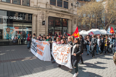 STRASBOURG, FRANCE - APR 20, 2016: Closed central shopping street as hundreds of people demonstrate as part of nationwide day of protest against proposed labor reforms by Socialist Governmentのeditorial素材