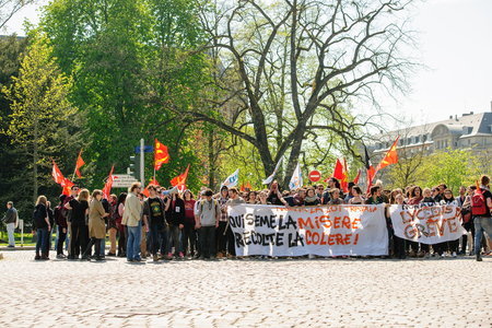 STRASBOURG, FRANCE - APR 20, 2016: Closed central street as hundreds of people demonstrate as part of nationwide day of protest against proposed labor reforms by Socialist Governmentのeditorial素材