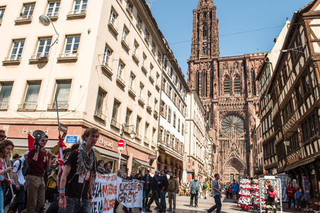 STRASBOURG, FRANCE - APR 20, 2016:  as hundreds of people demonstrate as part of nationwide day of protest against proposed labor reforms by Socialist Governmentのeditorial素材