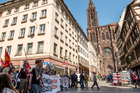 STRASBOURG, FRANCE - APR 20, 2016:  as hundreds of people demonstrate as part of nationwide day of protest against proposed labor reforms by Socialist Governmentのeditorial素材