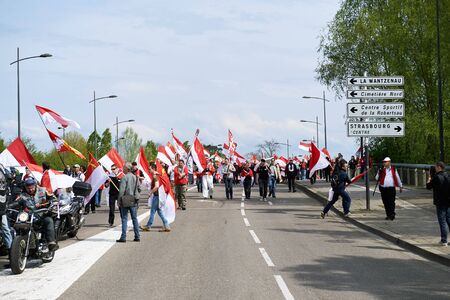 STRASBOURG, FRANCE - APR 30, 2016: Closed street as crowd protest against government regional reform for the fusion of the Alsace region with Lorraine and Champagne-Ardenneのeditorial素材