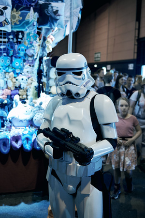 STRASBOURG, FRANCE - MAY 8, 2016: Darth Vader also known as Anakin Skywalker posing in front of camera at the open market Digital Game Manga Showのeditorial素材