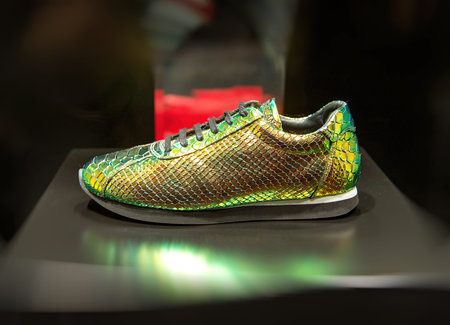 Modern unique color running shoe sneaker presented under beautiful retail lightのeditorial素材