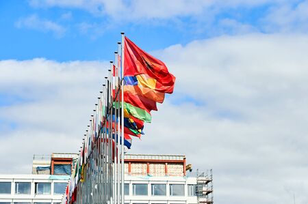 All Council of Europe member flags in a row a spring dayの写真素材