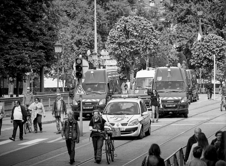 STRASBOURG, FRANCE - MAY 19, 2016: Elevated view of row of police vans surveilling protest against proposed French government's labor and employment law reformのeditorial素材