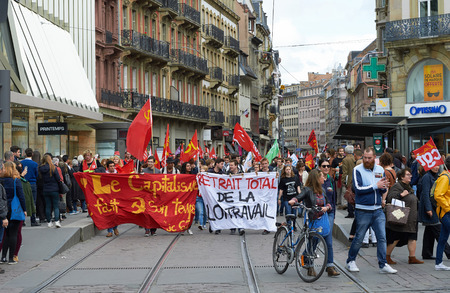STRASBOURG, FRANCE - MAY 19, 2016: Protesters blocking tramway lines in the center of Strasbourg during a demonstrations against proposed French government's labor and employment law reformのeditorial素材