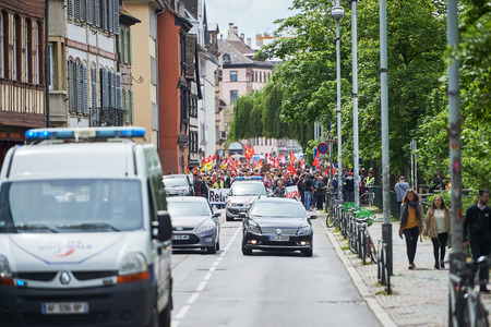 STRASBOURG, FRANCE - MAY 19, 2016: Closed central street as demonstrations marching against proposed French government's labor and employment law reformのeditorial素材