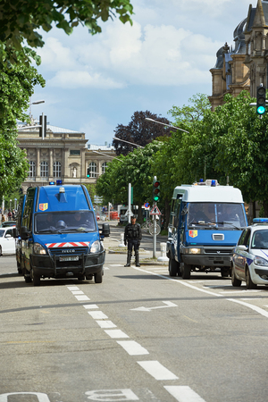 STRASBOURG, FRANCE - MAY 19, 2016: Police van closing boulevard at demonstrations against proposed French government's labor and employment law reformのeditorial素材