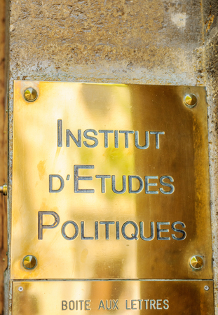 AIX-EN-PROVENCE, FRANCE - JUL 17, 2014: Golden plaque of Institut d'Etudes Politiques - Institut of Policitcal Studies in Aix-En-Provence, Franceのeditorial素材