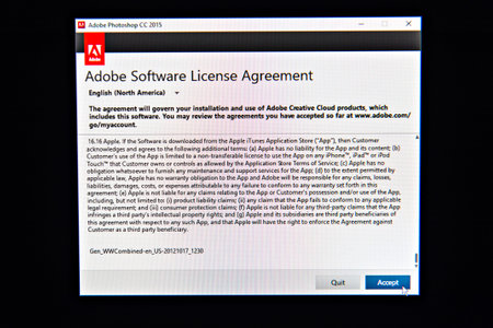 PARIS, FRANCE - JAN 25, 2016: Adobe Software License Agreement as seen on a computer screen during...