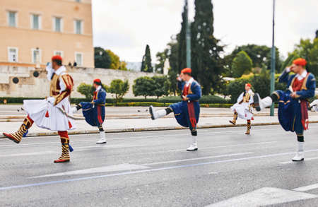 Changing of the honor Evzones guards ceremony in front of  the Tomb of the Unknown Soldier at the Parliament Building in Syntagma Square, Athens, Greece.の写真素材