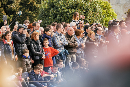 Athens, Greece - March 27, 2016: Crowd admiring and photographing the changing of the honor Evzones guards ceremony in front of  the Tomb of the Unknown Soldier at the Parliament Building in Syntagma Square, Athens, Greece.のeditorial素材