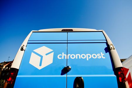 STRASBOURG, FRANCE - CIRCA 2016: CHRONOPOST delivery van in center of the city. Chronopost is part of French group La posteのeditorial素材