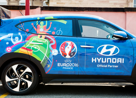 STRASBOURG, FRANCE - JUN 6, 2017: Detail of Hyundai Tucson, Official Partner and official transporter of the UEFA CCup Trophyのeditorial素材