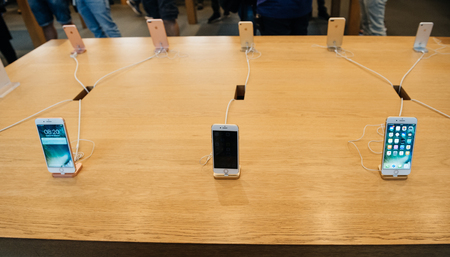 PARIS, FRANCE - SEPTEMBER 16, 2016: New Apple iPhone 7 and iPhone 7 Plus range. New Apple iPhone tends to become one of the most popular smart phones in the world in 2016のeditorial素材