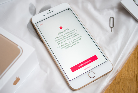 PARIS, FRANCE - SEP 16 2016: New Apple iPhone 7 Plus unboxing in the first day of sales - medical id in health app. New Apple iPhone acclaims to become the most popular smart phone in the world in 2016のeditorial素材