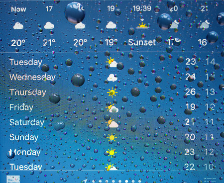 PARIS, FRANCE - SEP 26, 2016: New Apple iPhone 7 Plus unboxing and testing - weather app on iPhone screen with forecast. New iPhone7 is one of the best waterproof smart phone in the worldのeditorial素材