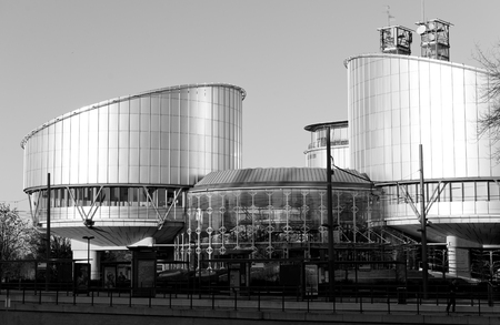STRASBOURG, FRANCE - JAN 28, 2014: European Court of Human Rights in Strasbourg with empty tramway stationのeditorial素材