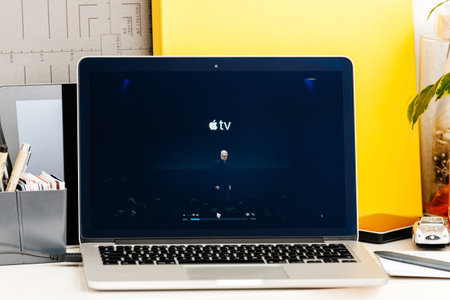 PARIS, FRANCE - OCT 28 2016: Apple Computers website on new MacBook Pro Retina with OLED Touch bar...