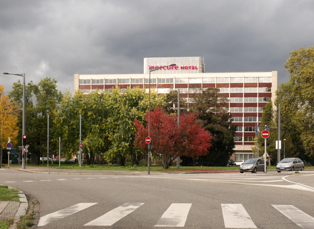 STRASBOURG, FRNACE - OCT 20, 2016: Mercure Hotel seen from the street. Mercure Hotels is a brand of hotels run by French multinational corporation AccorHotels. The slogan is In Harmony with People and Places Most Mercure hotels are positioned between Ibisのeditorial素材