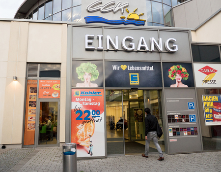 KEHL, GERMANY - OCT 18, 2016: Main entrance to the Edeka City Center Koehler. The Edeka Group is the largest German supermarket corporation, currently holding a market share of 26%のeditorial素材