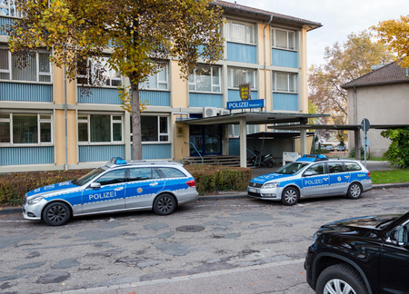 KEHL, GERMANY - NOV 4, 2016: Polizei  Police car Mercedes-Benz blue car parked in front of Police Station in center of the city of Kehl,のeditorial素材