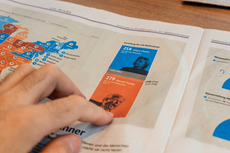 PARIS, FRANCE - NOV 10, 2016: Selecting Donald Trump - Man reading Frankfurter Allgemeine Zeitung newspapper with Donald Trump elected as President as the 45th President of United States of Americaのeditorial素材