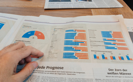 PARIS, FRANCE - NOV 10, 2016: Demograpphy infographics of elections - man reading Frankfurter Allgemeine Zeitung newspapper with Donald Trump elected as President as the 45th President of United States of Americaのeditorial素材