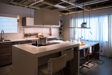 Modern kitchen furniture and kitchen appliances in the modern IKEA shopping furniture mall in Parisのeditorial素材