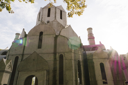 View from below of New Russian Ortodox church construction in green environment building Russian Cathedral, construction churchの写真素材