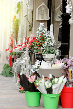 Flower store with Chrismas decorations and Christmas flowers ready for sale for customersの写真素材