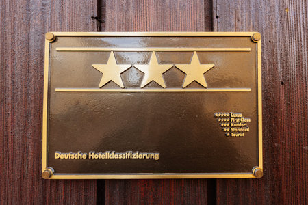 Hotel star rankings on three star German hotel facade - five star for luxury, four stars for first...