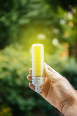 LED bulb in man hand agains green environmentally friendly defocused backgroundの写真素材