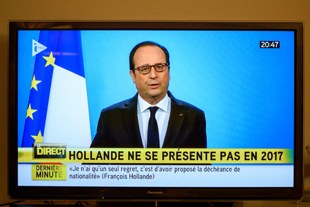 PARIS, FRANCE - DEC 1, 2016: Francois Hollande at French Television address to the Nation that he will not seek re-election as president of Franceのeditorial素材