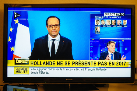 PARIS, FRANCE - DEC 1, 2016: Francois Hollande at French Television address to the Nation that he will not seek re-election as president of Franceのeditorial素材
